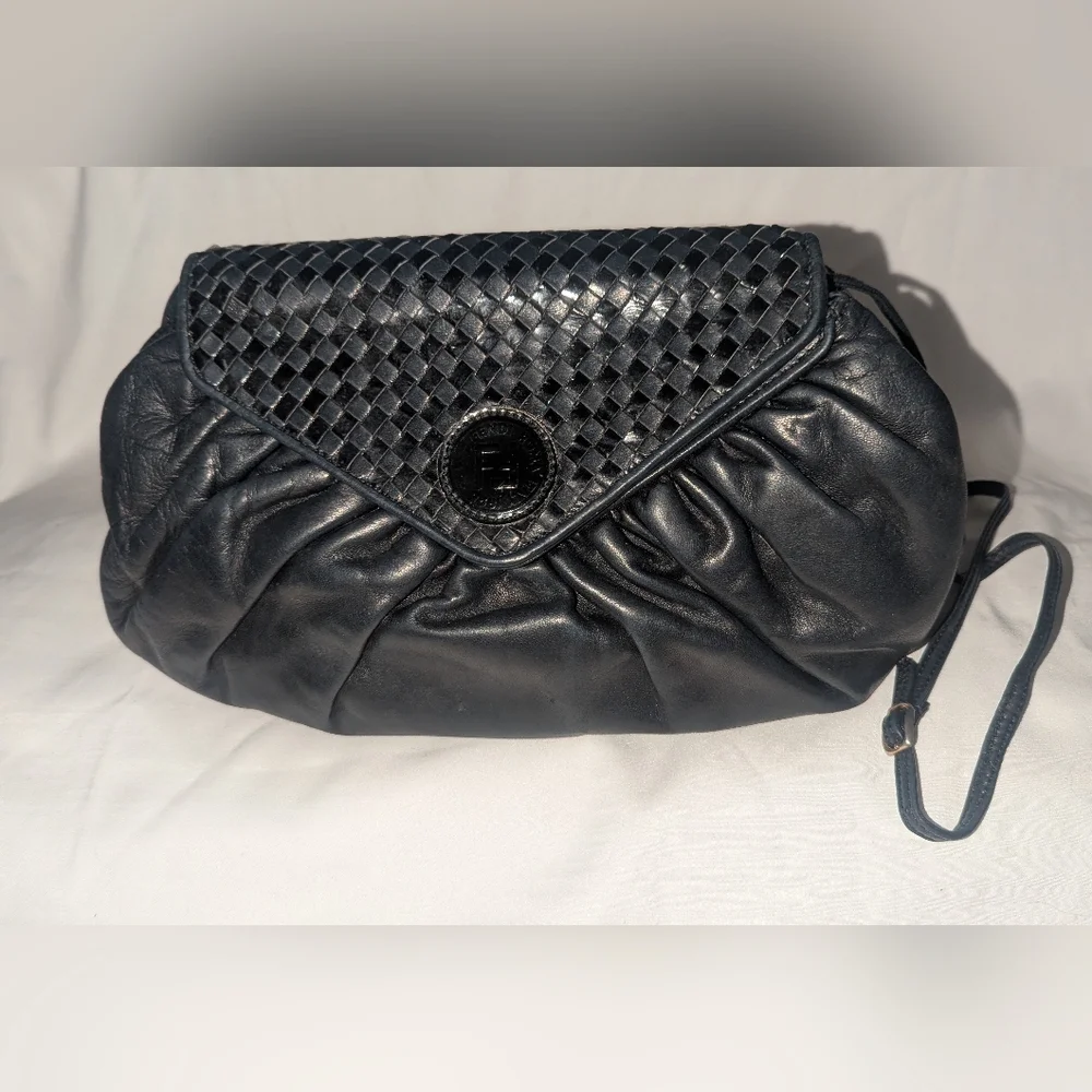 Vintage Fendi Black Woven Flap Clutch Shoulder Bag.
